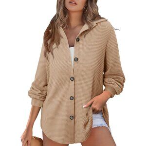 Fashionable Khaki Women's Waffle Knit Sweatshirt - V-Neck & Button Closure